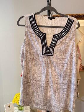 Anne Carson Sleeveless Tank with Black Embroidered V-Neck